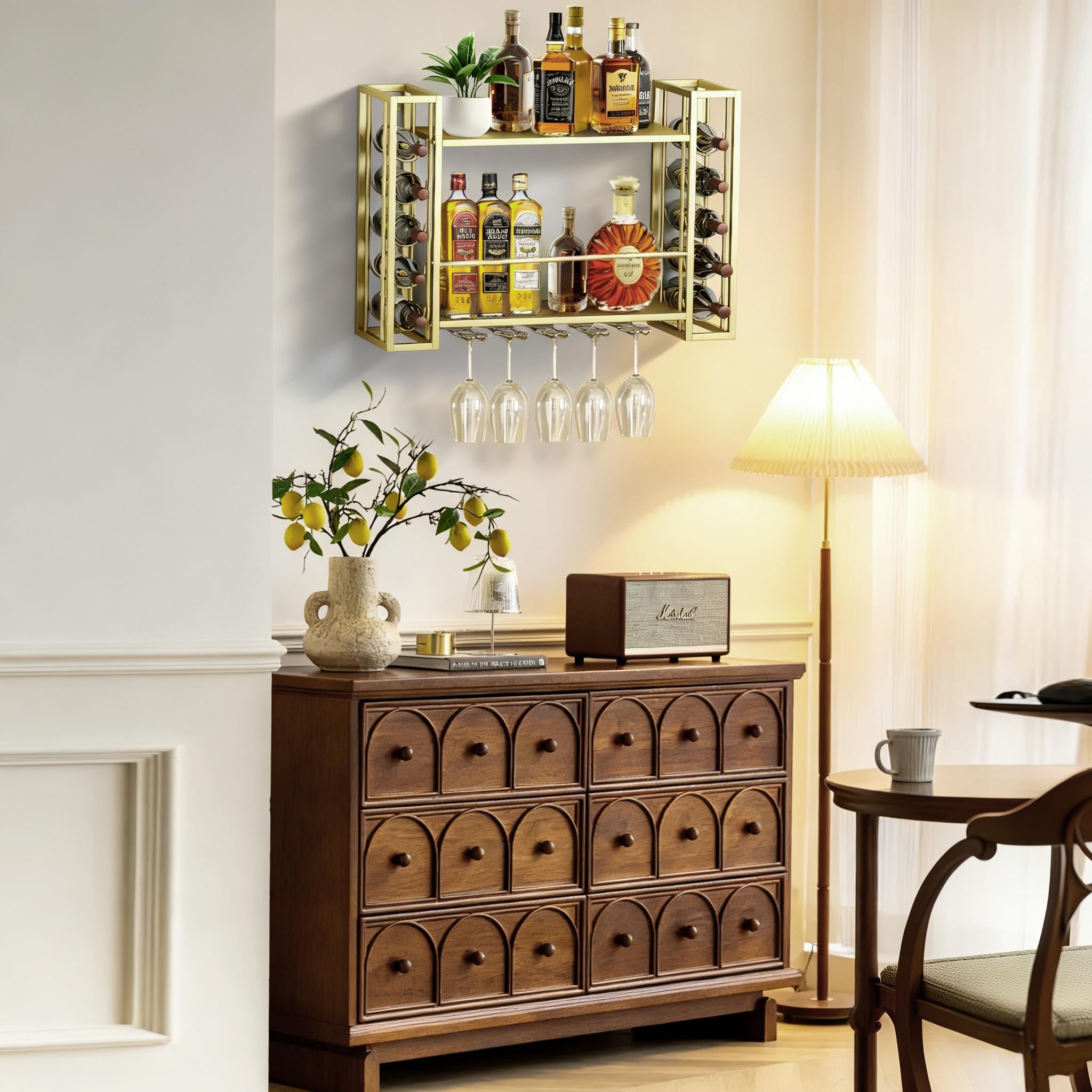FLRH Metal Wall Mounted Wine Rack, Hanging Floating Bottle Holder with Glass Rack, Wall Display Storage Shelf for Home Bar, Dining Room, Kitchen, Gold
