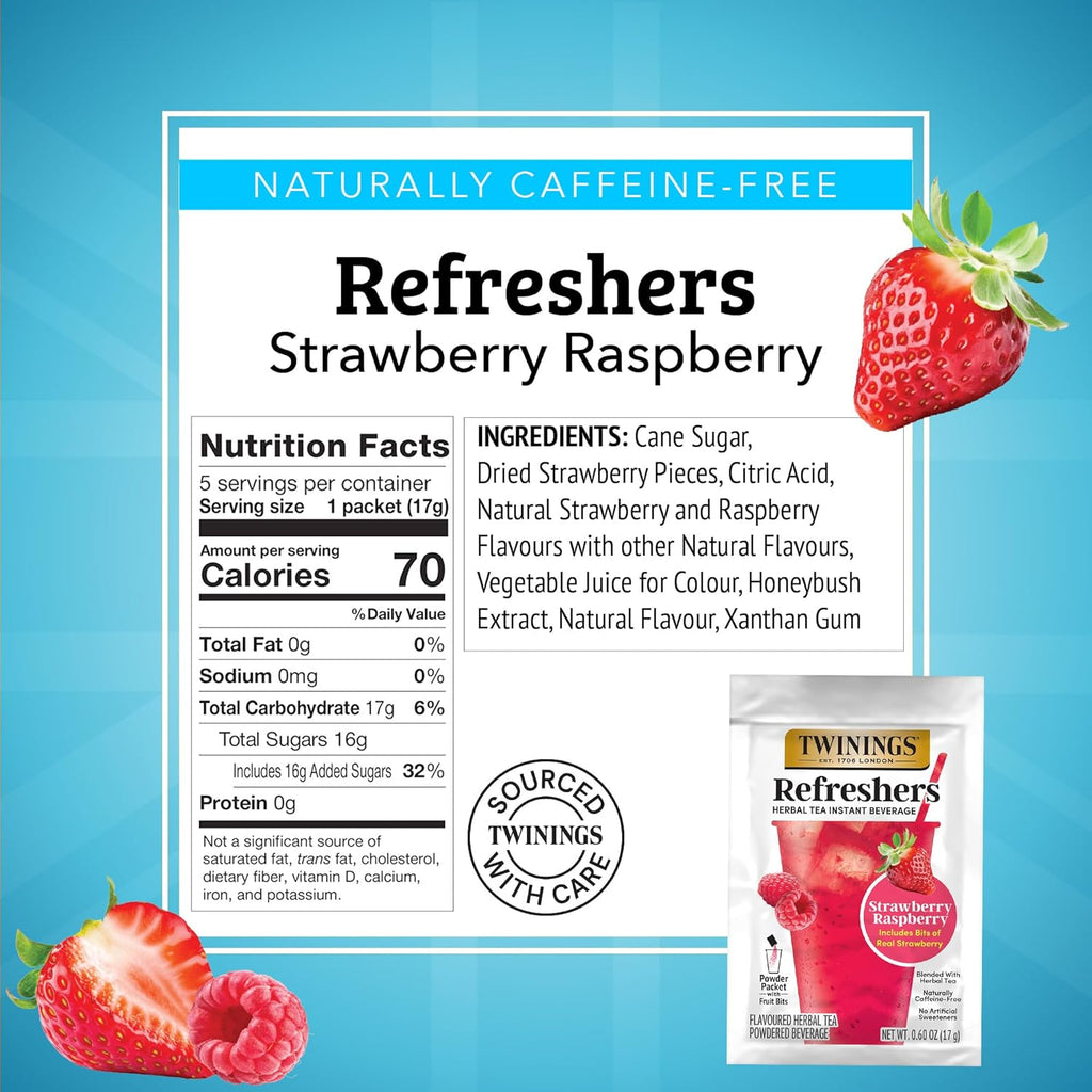 Twinings Herbal Tea Refreshers - Strawberry Raspberry Flavor with Real Fruit Bits | Caffeine-Free, 5 Pack