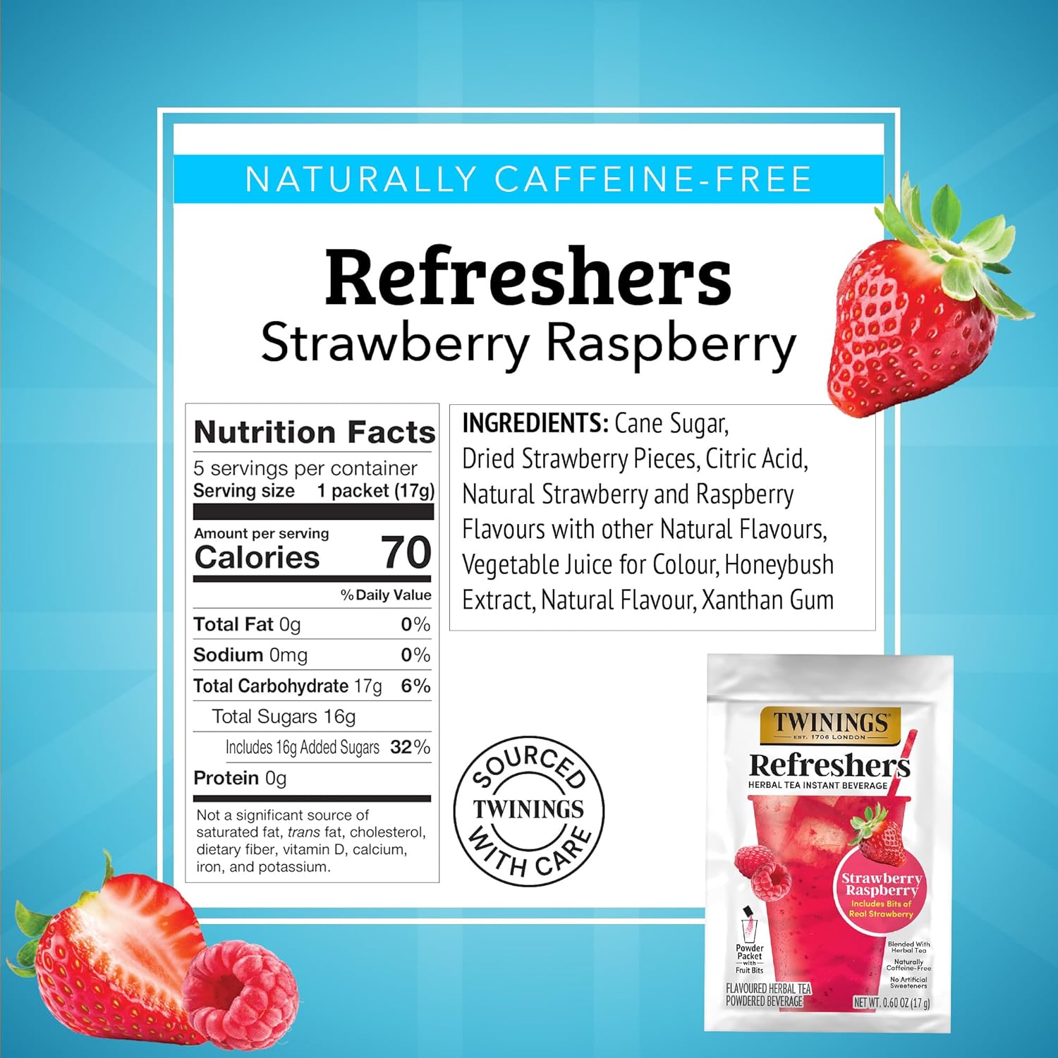 Twinings Herbal Tea Refreshers - Strawberry Raspberry Flavor with Real Fruit Bits | Caffeine-Free, 5 Pack