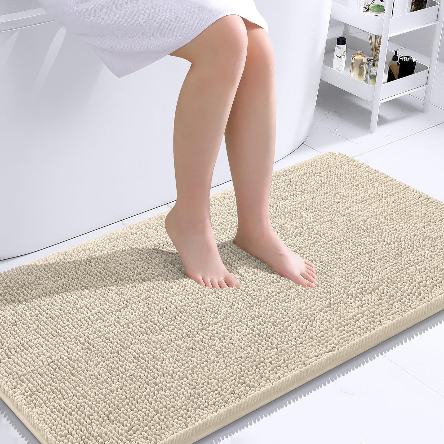 OLANLY Bathroom Runner Rugs - Extra Soft Chenille Bath Mats | Quick-Dry, Machine Washable, 44x24, Sand