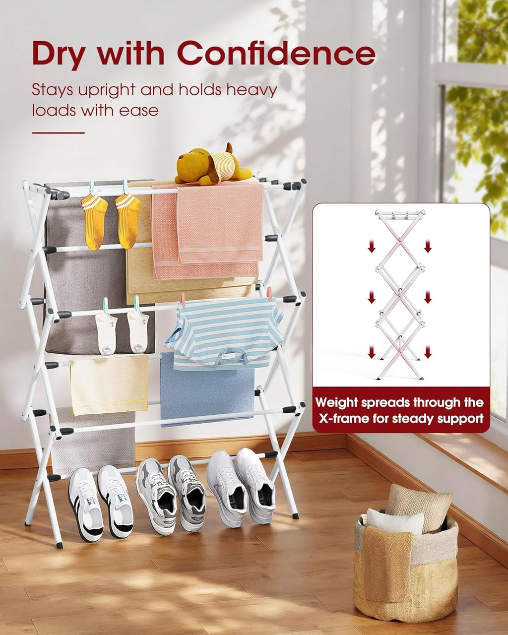 Sakugi Foldable Clothes Drying Rack - Space-Saving 3-Tier Metal Laundry Rack for Indoor & Outdoor Use | 11.4"D x 29.1"W x 37.4"H, White & Black