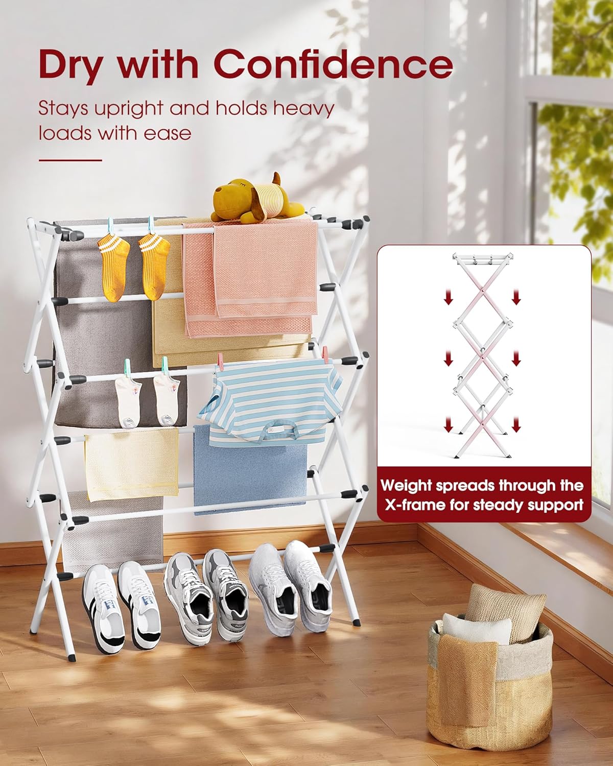 Sakugi Foldable Clothes Drying Rack - Space-Saving 3-Tier Metal Laundry Rack for Indoor & Outdoor Use | 11.4"D x 29.1"W x 37.4"H, White & Black