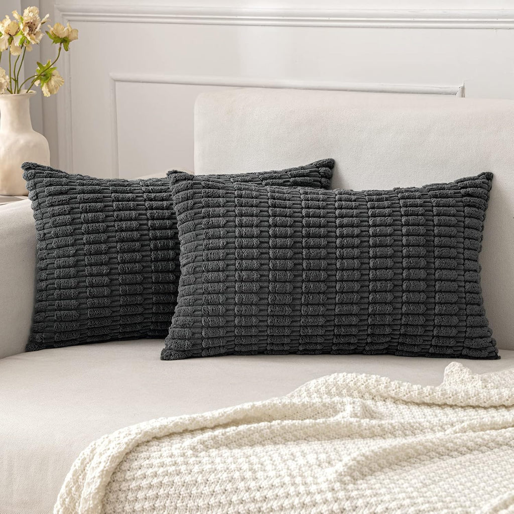 MIULEE Corduroy Lumbar Throw Pillow Covers - Soft Boho Striped Design | 20x12 Inch Dark Grey for Modern Home Decor