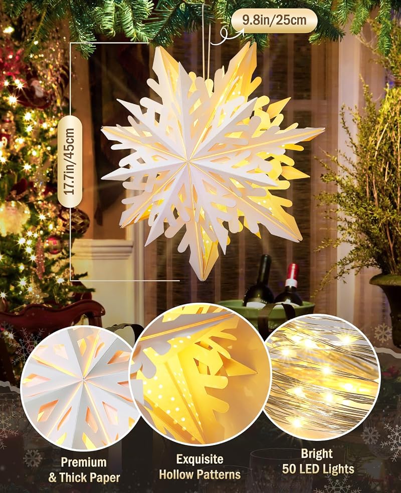 3 Pack 17.7in Paper Snowflake Lanterns with Remote, Christmas String Lights