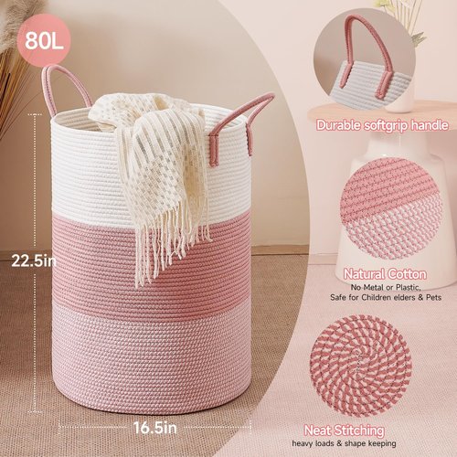 CLHMILY&Z 80L Round Laundry Basket - Pink Storage Hamper for Blankets, Toys & Nursery Essentials | 16.5x22.5 Inches