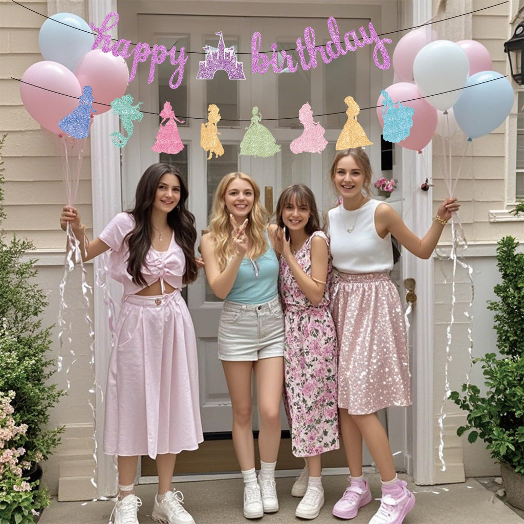 Neyeidru Princess Birthday Banner Decorations - Pink Happy Birthday Garland Glitter Bunting for Girls Coquette Birthday Party Decorations Favor Supplies