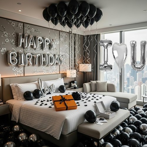 I Love You for Him/Her Balloon Black Silver Balloon with Heart Shaped Balloons Black Artificial Rose Petals Romantic Decoration Kit Perfect for Anniversaries Proposals Valentine's Day