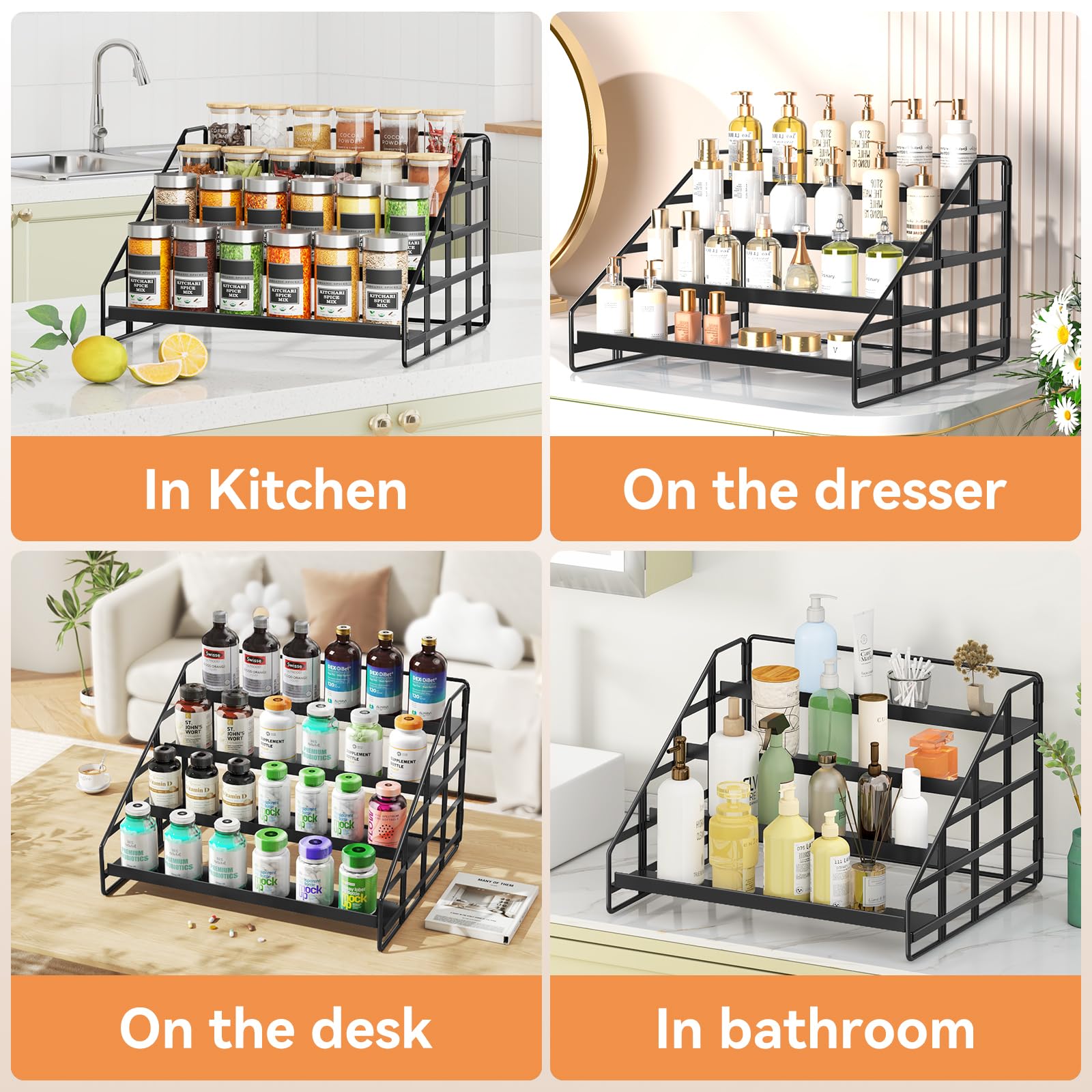 Bunoxea Spice Rack 4 Tier Kitchen Cabinet Organizer,Countertop Spice Rack,Tier Depth Adjustable Cabinet Shelf,Step Spice Organization Easy Visibility,Holds Seasoning and Condiments