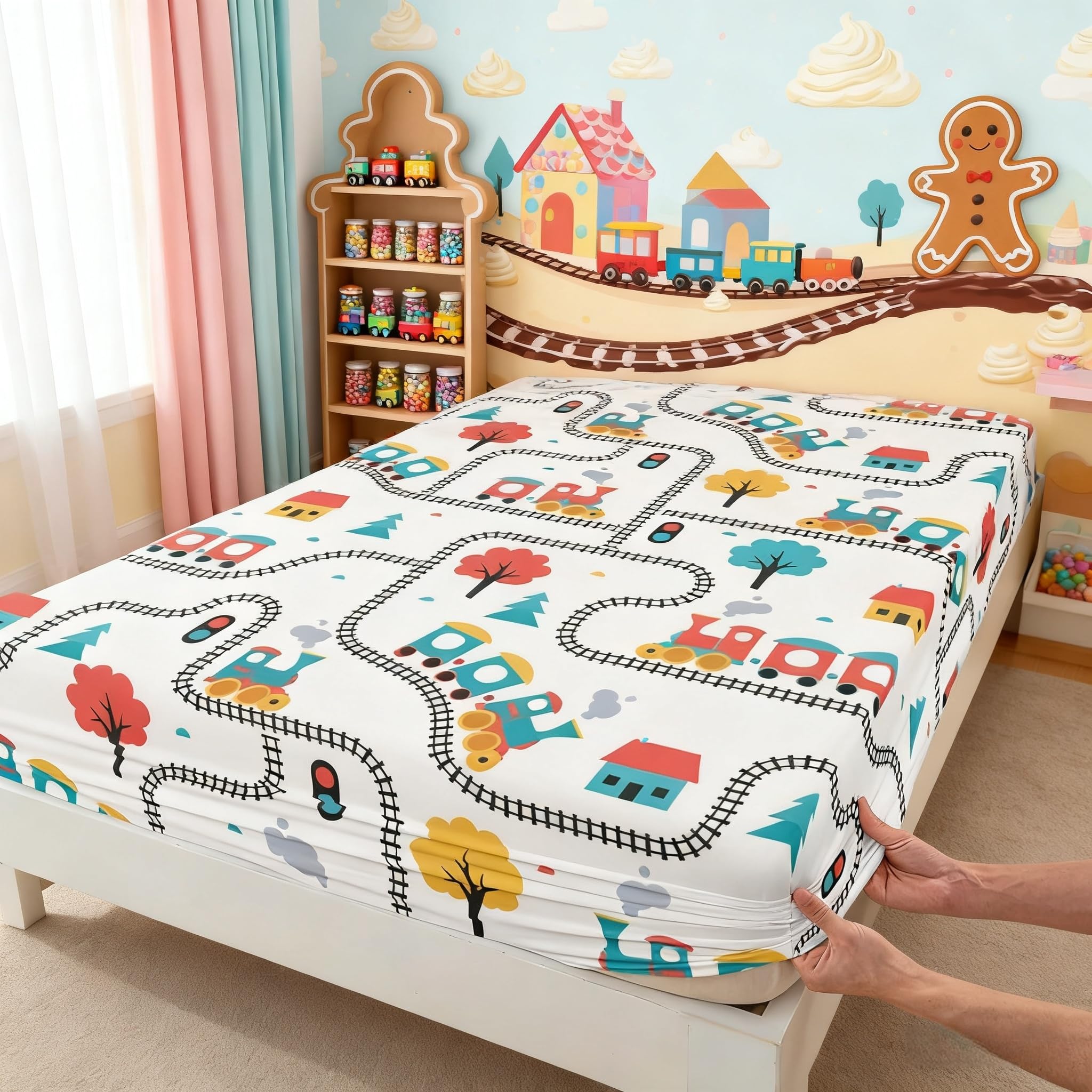 Manfei Cartoon Train Kids Fitted Sheet Twin Size,Cute Choochoo Vehicles Bedding Set,Boys Girls Adults Room Decor,Cartoon Trees City Road Transport Bed Cover,Colorful Chic Bed Sheet,1 Pillowcase