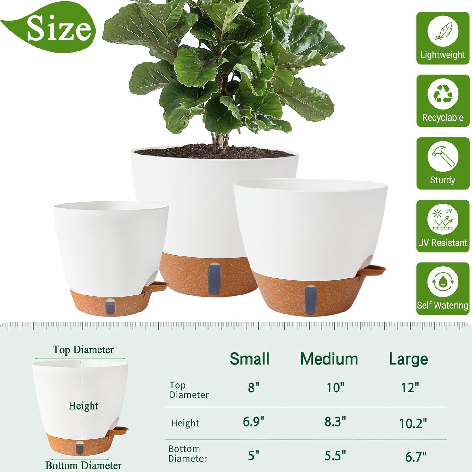 Skiennix Self-Watering Pots - Large 8/10/12 Inch Plastic Planters with Drainage Holes & Water Level Indicator (White)