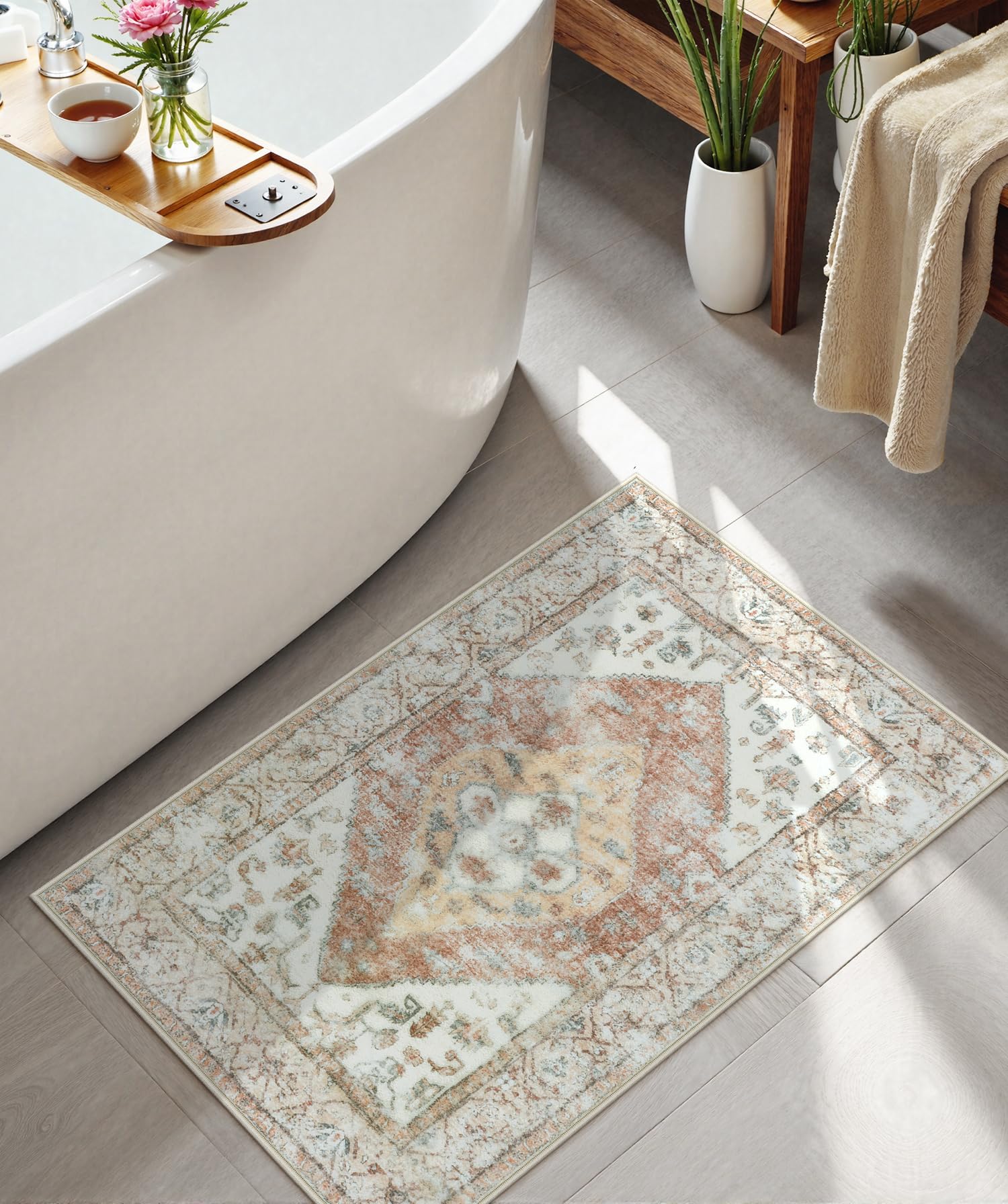 Uphome Boho Bathroom Rug Oriental Tribal Bath Mat Khaki Soft Shaggy Non-Slip Bathroom Mat Machine Washable Vintage Distressed Toilet Rug for Shower Sink Bathtub, 20x32 inch