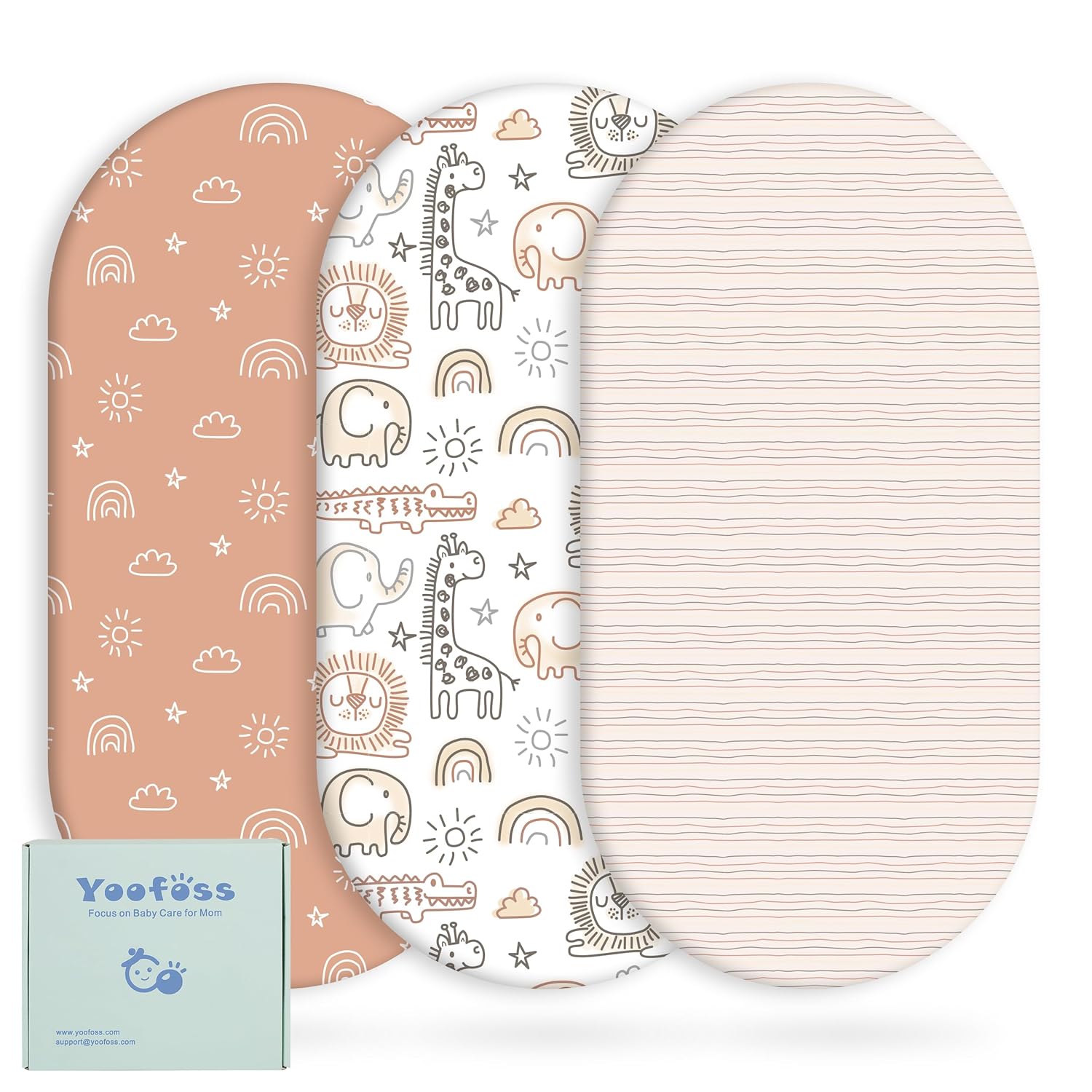 Yoofoss Fitted Bassinet Sheets Set - 3-Pack Soft & Breathable for Halo Bassinest | Brown & Animal Prints