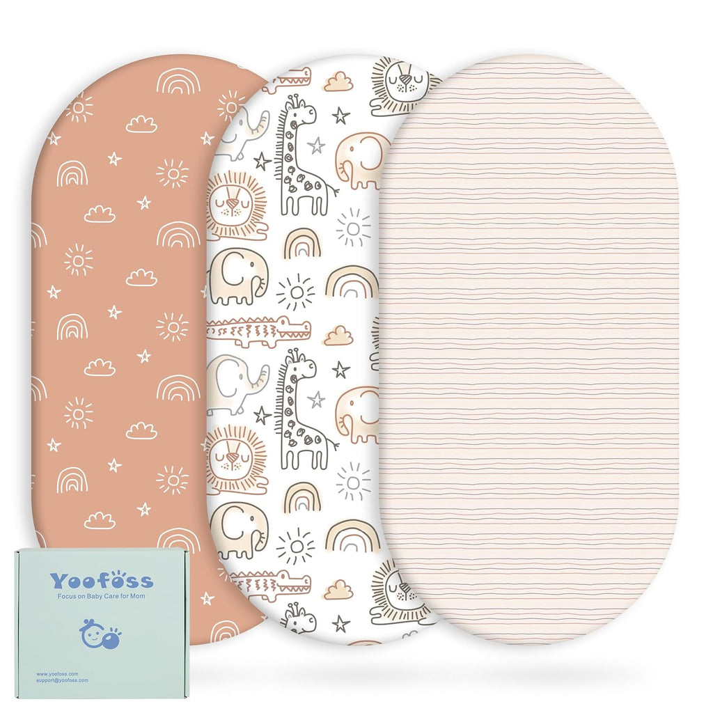 Yoofoss Bassinet Sheets - 3-Pack Fitted Set for Halo Bassinest & Baby Delight | Soft, Breathable, Brown & Animal Prints