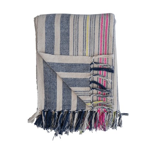 Creative Co-Op Cotton Blend Stripes and Fringe, Multicolor Throw Blanket, Multi