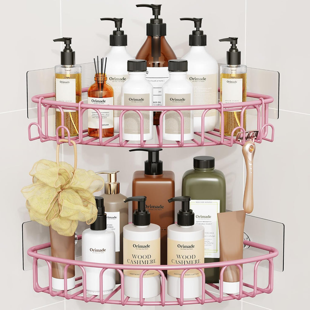 Orimade Corner Shower Caddy - Wall Mounted Metal Bathroom Shelf Organizer | No Drilling, 2 Hooks, Pink, 90-Degree Corner