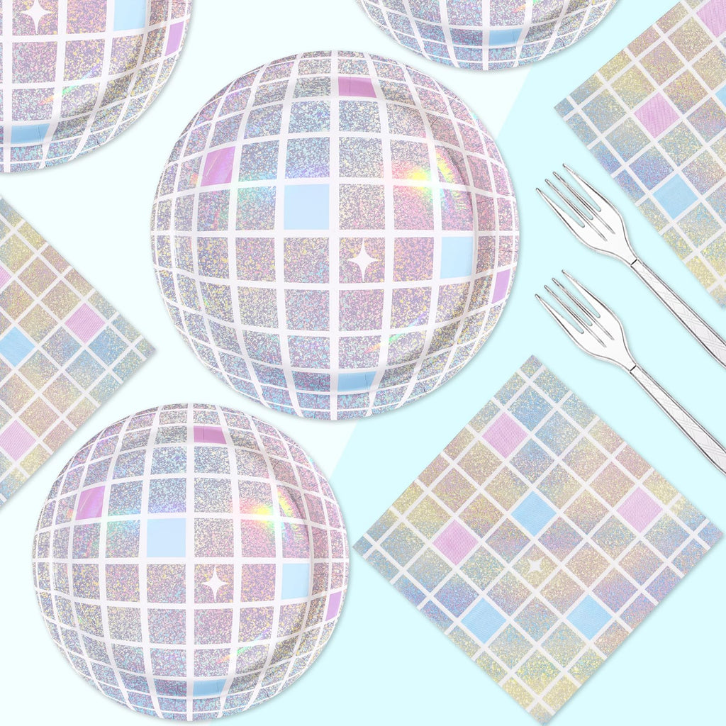 96Pcs Disco Party Supplies Pink Pastel Silver Disco Ball Plates and Napkins Sets Rainbow Iridescent Birthday Decorations for Dancing Queen 17th Wedding Sprinkle Bachelorette 70s Disco Party Serves 24