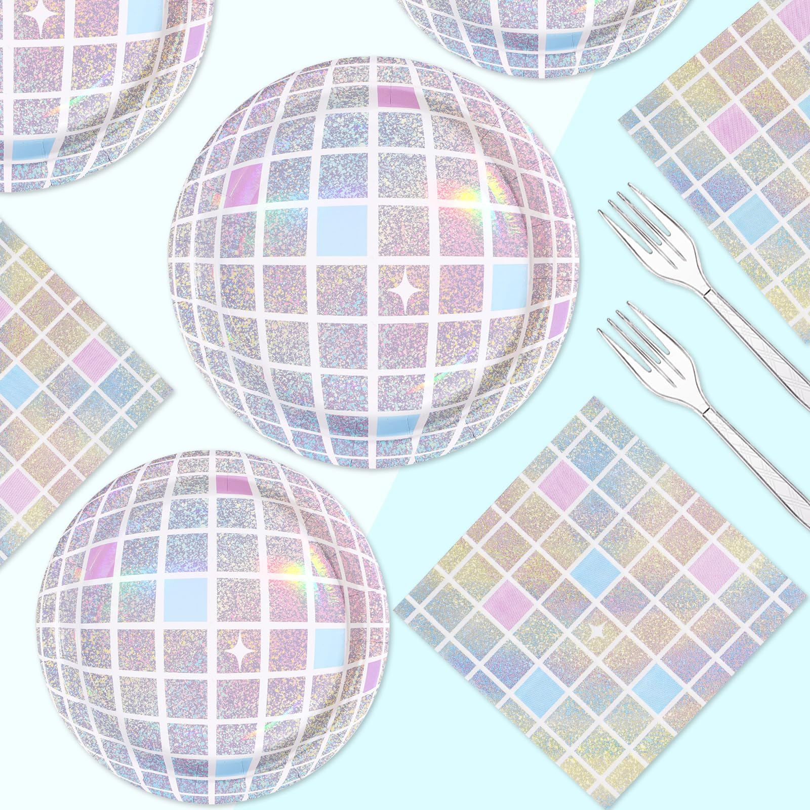 96Pcs Disco Party Supplies Pink Pastel Silver Disco Ball Plates and Napkins Sets Rainbow Iridescent Birthday Decorations for Dancing Queen 17th Wedding Sprinkle Bachelorette 70s Disco Party Serves 24