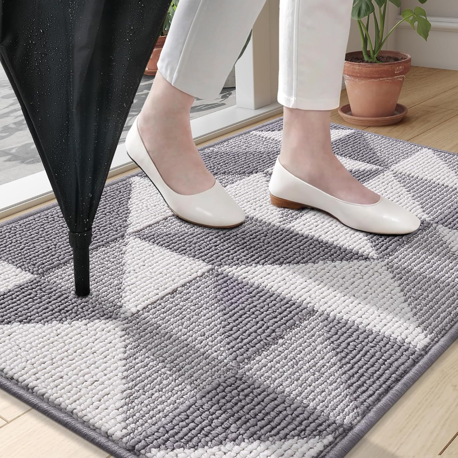 OLANLY Indoor Door Mat - Washable, Odor-Free, Low-Profile Geometric Design | 32x20 Grey Entryway Carpet