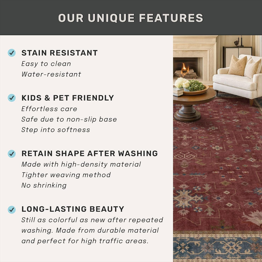 Regine Switzerland Vintage Burgundy Boho Dining Room Rug - Lightweight Washable 7x9 Soft Carpet