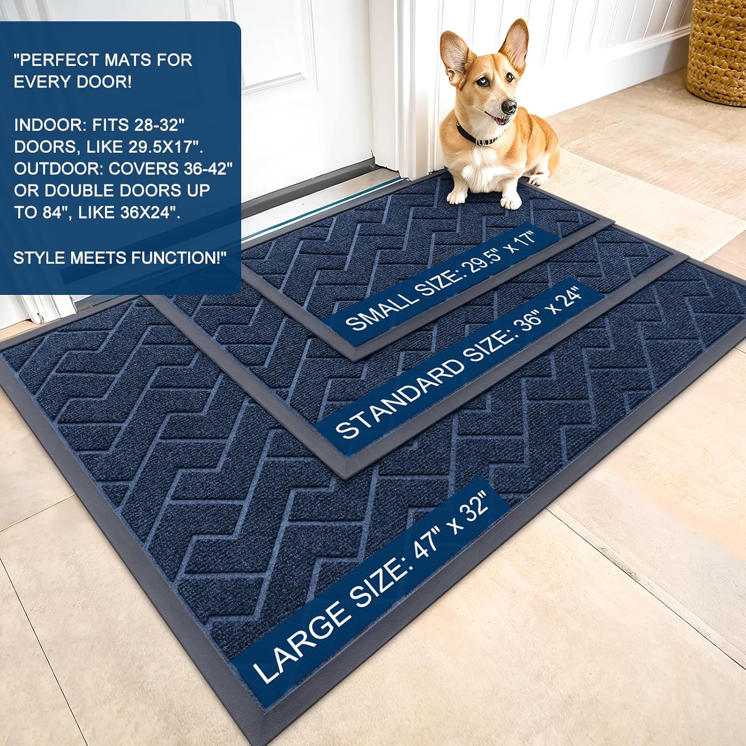 OLANLY Waterproof Front Door Mat - All-Season Indoor/Outdoor Doormat | Sturdy Natural Rubber, Herringbone Brick (Blue, 47x17)