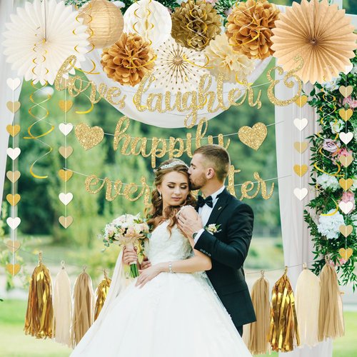 Roetyce Engagement Party Decorations, Gold Glitter Love Laughter & Happily Ever After Banner for Bridal Shower, Wedding Bachelorette Party Backdrop, Almost Married/Just Engaged Photo Background Decor