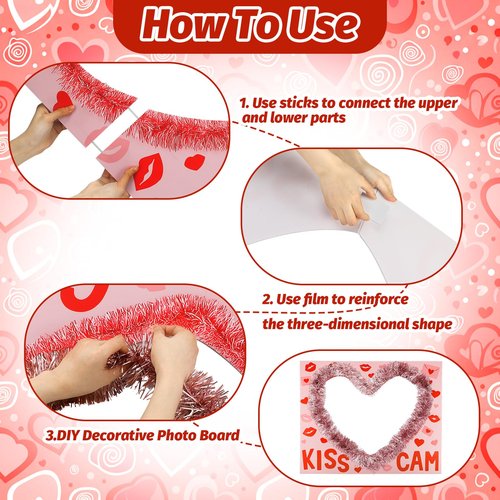Soulchen 32 x 25 Inch Valentine's Day Photo Backdrop Booth Props Set Galentines Photo Backdrop Conversation Hearts Frame Decor with Pink Tassel Garland and Curtains Wedding Party Decoration