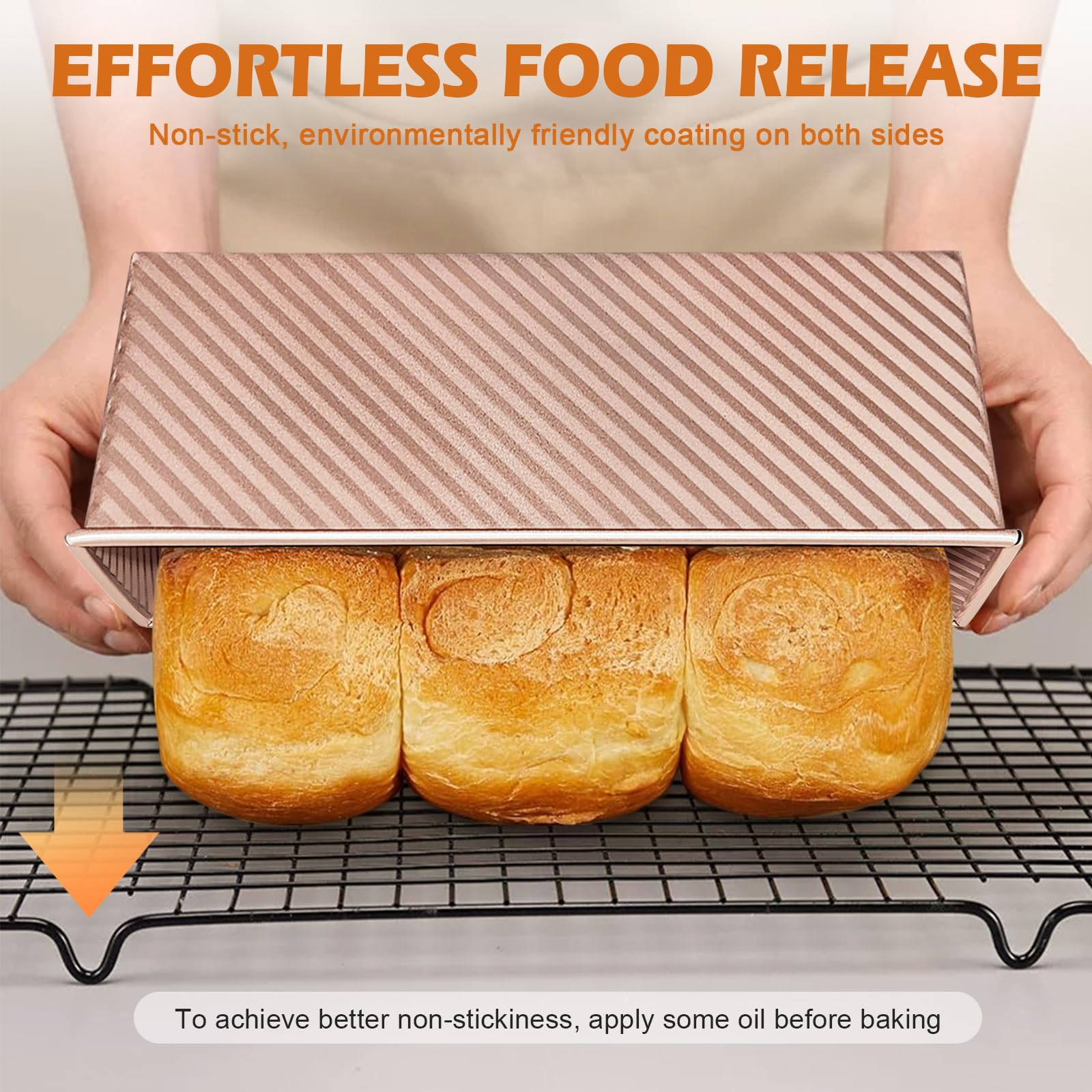 Dipanist 2Pack Large Bread Pan with Lids – 2.2LB Dough Capacity, Non-Stick Carbon Steel Bread Pans for Homemade Sandwich and Sourdough Bread, Corrugated Toast Mold(Gold)