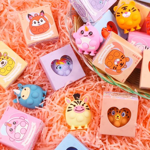 ChildFun Valentines Day Gifts for Kids, 24 PCS Prefiled Valentines Box with 3D Animal Pop Suction Toys, Valentines Party Favors for Class, School Classroom Valentines Gifts for Boys Girls Toddlers