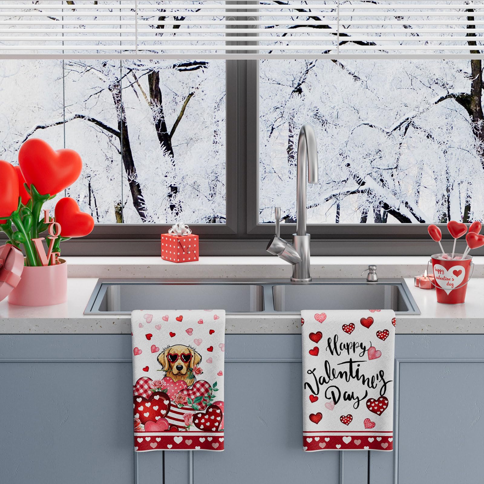 XCHI Happy Valentine's Day Love Hearts Dog Kitchen Towels Dish Towels 18x26 Inch Home Kitchen Decorations Hand Towels Set of 2 Drying Dishcloth