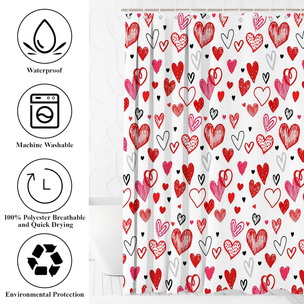 Mocsicka Valentines Shower Curtain Set for Bathroom, 4Pcs Doodle Style Red Heart Valentine Bathroom Sets with Non Slip Rugs, Toilet Lid Cover, Bath Mat, Shower Curtain, Bathroom Decor with 12 Hooks