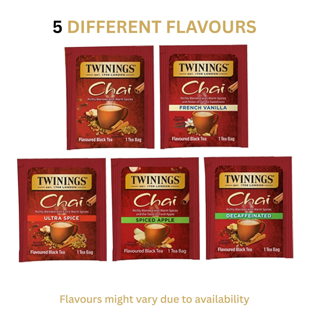 Twinings Chai Black Tea Bag Sampler Assortment, Variety Pack (20 Count) 5 Different Flavours for Tea Lovers: Her, Him, Women, Men, Couples, Family, Friends, Coworkers