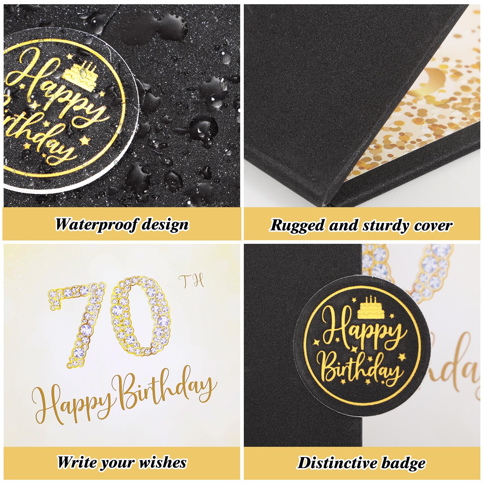 Thboxes Happy 70th Birthday Decorations for Men, Black Gold Signature Guest Book Alternative Cheers to 70 Years Birthday Gifts Creative Signing Card Board for 70th Party Supplies
