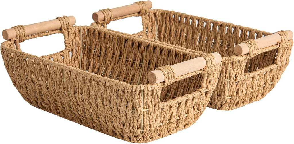 StorageWorks Small Hand-Woven Wicker Baskets - Round Paper Rope with Wooden Handles, Light Brown, 2-Pack