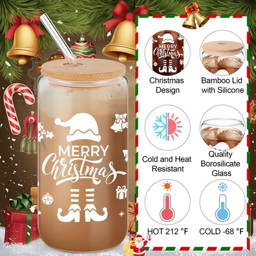 Yetene 24 Set 2026 Christmas Glass Cups Gifts 16 oz Christmas Drinking Glasses with Bamboo Lid Straw Santa Winter Iced Coffee Glasses Gift for Women Xmas Staff Employee Appreciation New Year (White)