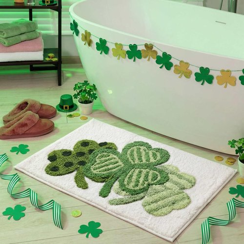 Lyrow St. Patrick's Day Bathroom Rug with 3D Plush Lucky Shamrock 31'' x 20'' St Patricks Day Bathroom Decor Clover Bath Mat Absorbent Bath Rug Non Slip Washable for Bedroom Living Room Home Decor