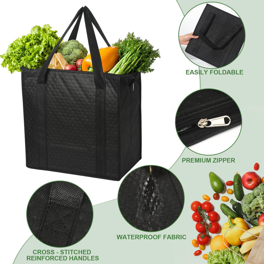 VZZNN 20 Pack Insulated Grocery Bags Bulk, Reusable Shopping Bags with Sturdy Zipper & Handles, Large Foldable Washable Thermal Cooler Totes for Hot Cold Food Transport, Travel & Lunch(Black)