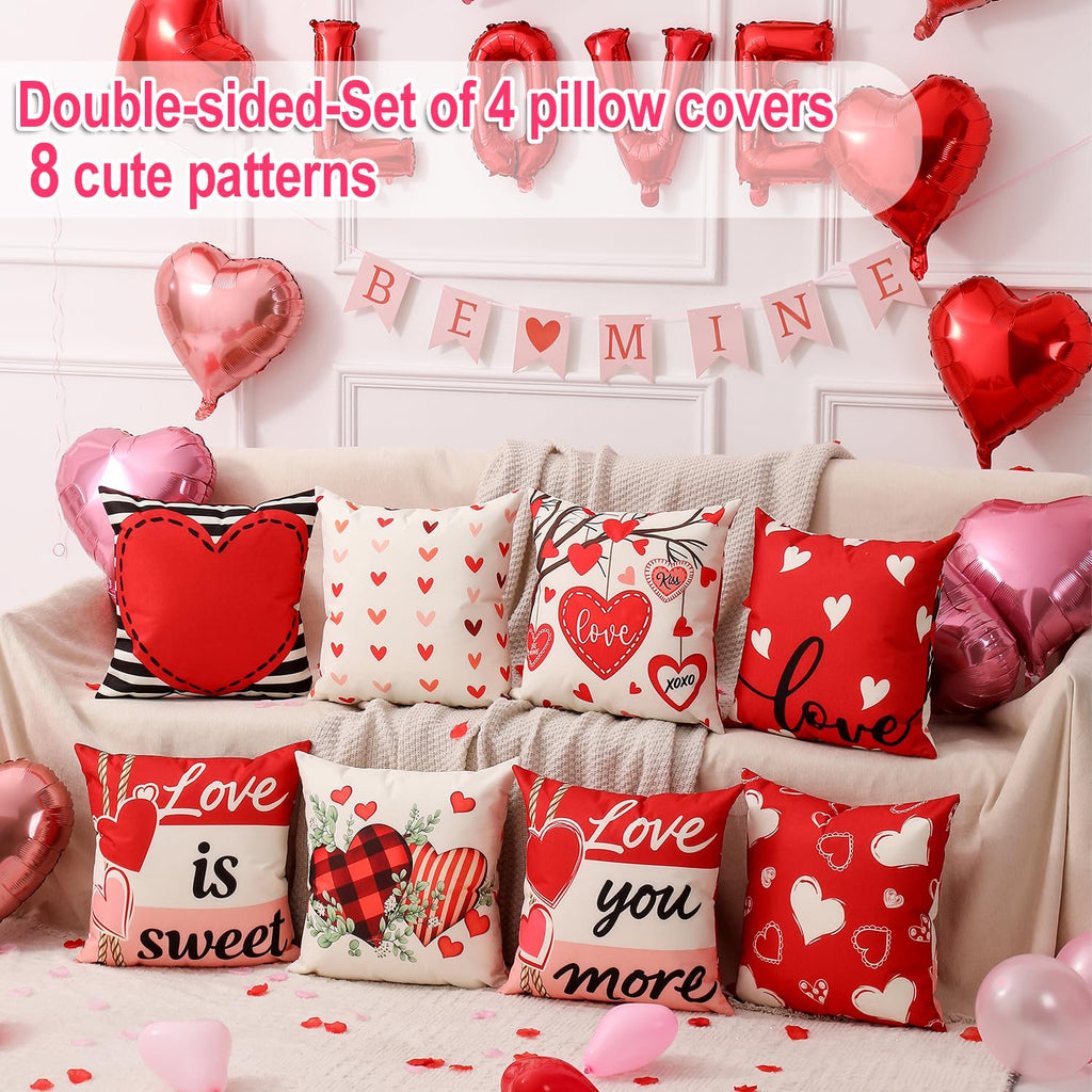 multiwins Valentine Decorations Set of 4 Double-Sided Valentine's Day Throw Pillow Covers 18" x 18", Reversible 8 Designs, with 16 pcs Heart & Love Balloons, Stickers, Complete Valentines Decor Kit