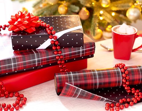 American Greetings Jumbo Reversible Wrapping Paper Roll - Christmas Gift Wrap in Red & Black | 175 sq. ft. (30 in. x 70 ft.) Polka Dots & Plaid