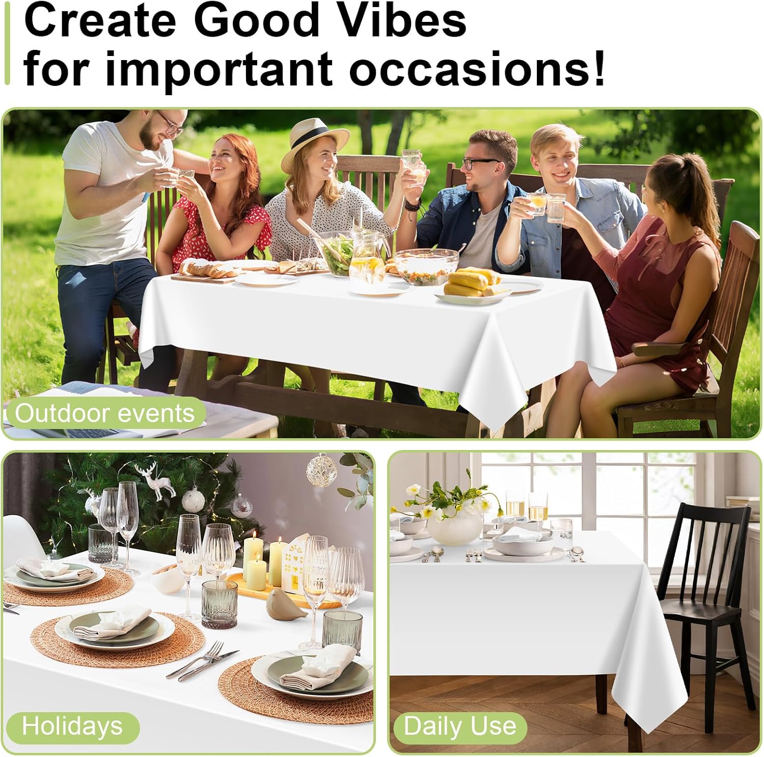 QIKSION Disposable White Plastic Tablecloths - 54 x 108 Inch, Perfect for Parties & Picnics | 2 Pack