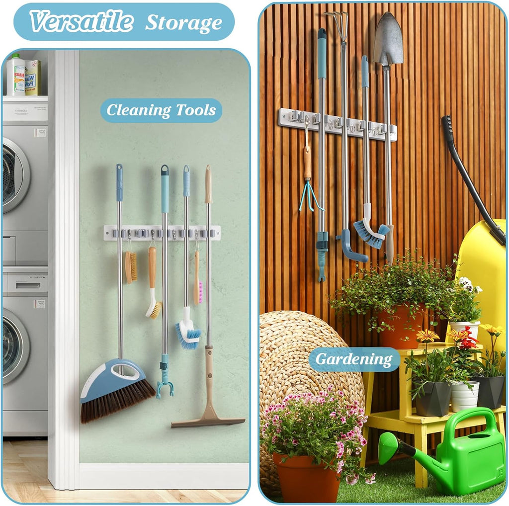 White Broom Holder Wall Mount - Heavy Duty Organizer with 5 Slots & 4 Hooks | Ideal for Laundry, Kitchen & Garage Storage