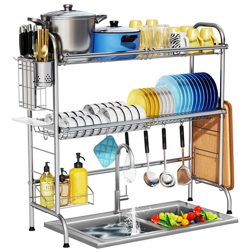 HOWDIA Stainless Steel 2-Tier Over The Sink Dish Drying Rack with Utensil Holder, Large, for Kitchen Counter