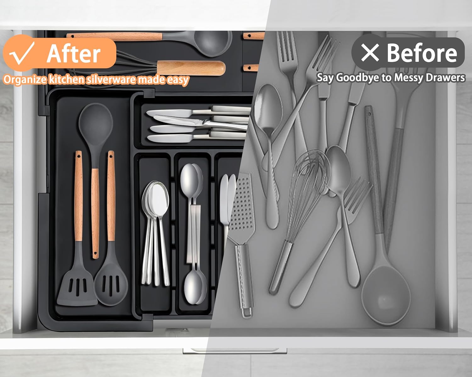 Spaclear Expandable Silverware Organizer - Adjustable BPA-Free Cutlery Tray for Kitchen | 6-9 Slots, Black