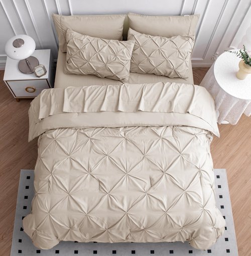 Queen Size Comforter Set - 7 Piece HotelQuality, Queen Bed in a Bag Comforter - Premium Soft-Touch Microfiber - Pintuck-Stitch Bedding Collection - All-Season Bed Set with Easy Care Comforters - Beige