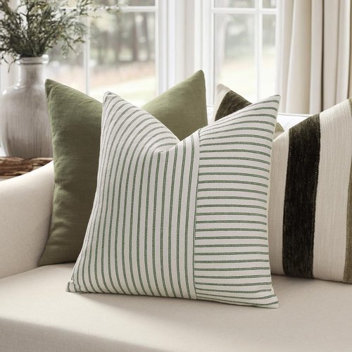 YCOLL Farmhouse Pillow Covers 18x18, Modern Accent Square Throw Pillow Covers Set of 2, Olive Green and Beige Striped Patchwork Linen Decorative Cushion Covers for Couch Chair Bedroom Home Decor