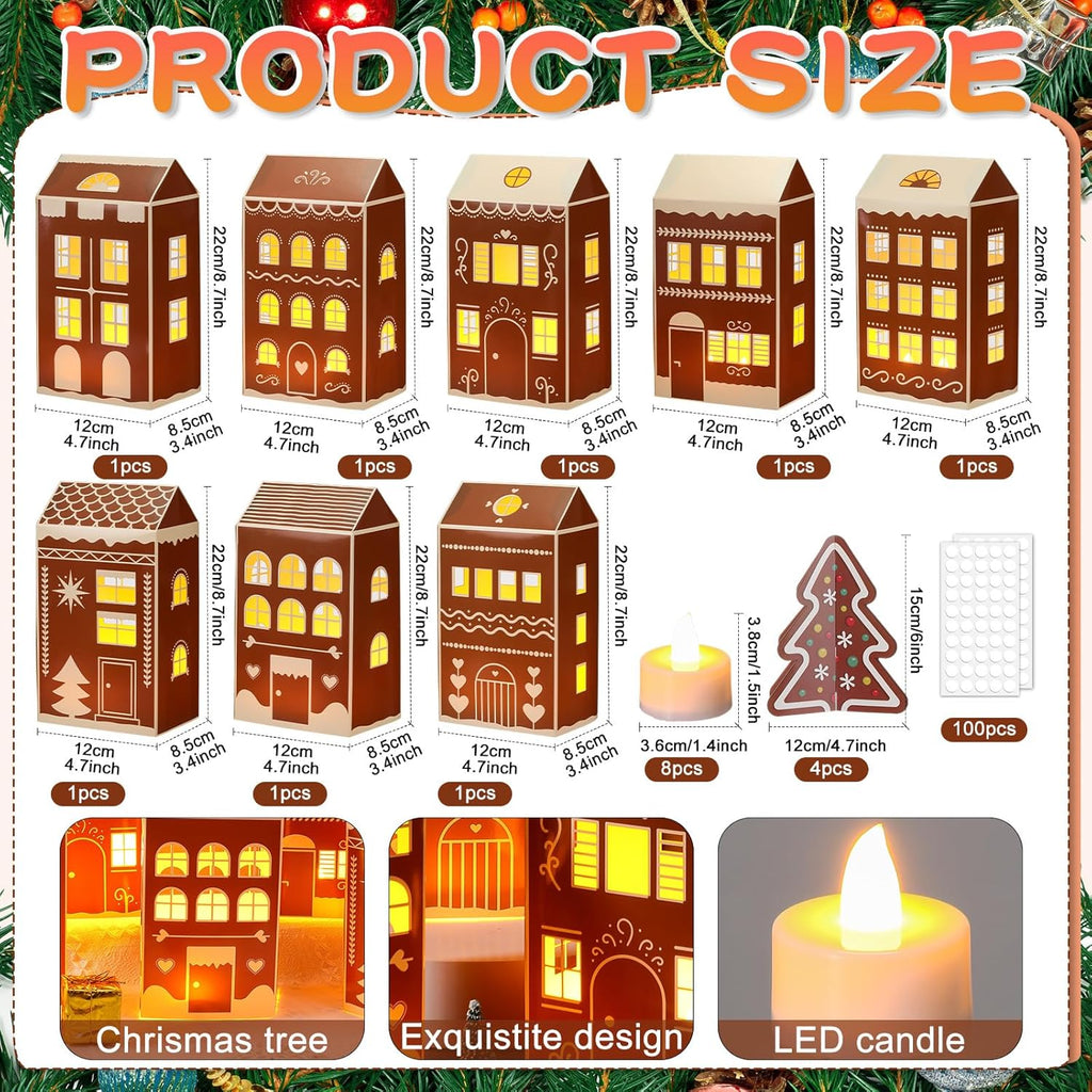 Reallnaive 20 Pcs Large 8" Christmas Cardboard Village Houses Set - DIY LED Candle Decor for Home & Party (Gingerbread, Brown)
