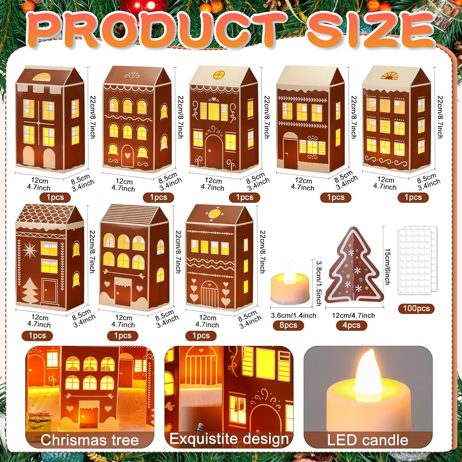 Reallnaive 20 Pcs Large 8" Christmas Cardboard Village Houses Set - DIY LED Candle Decor for Home & Party (Gingerbread, Brown)