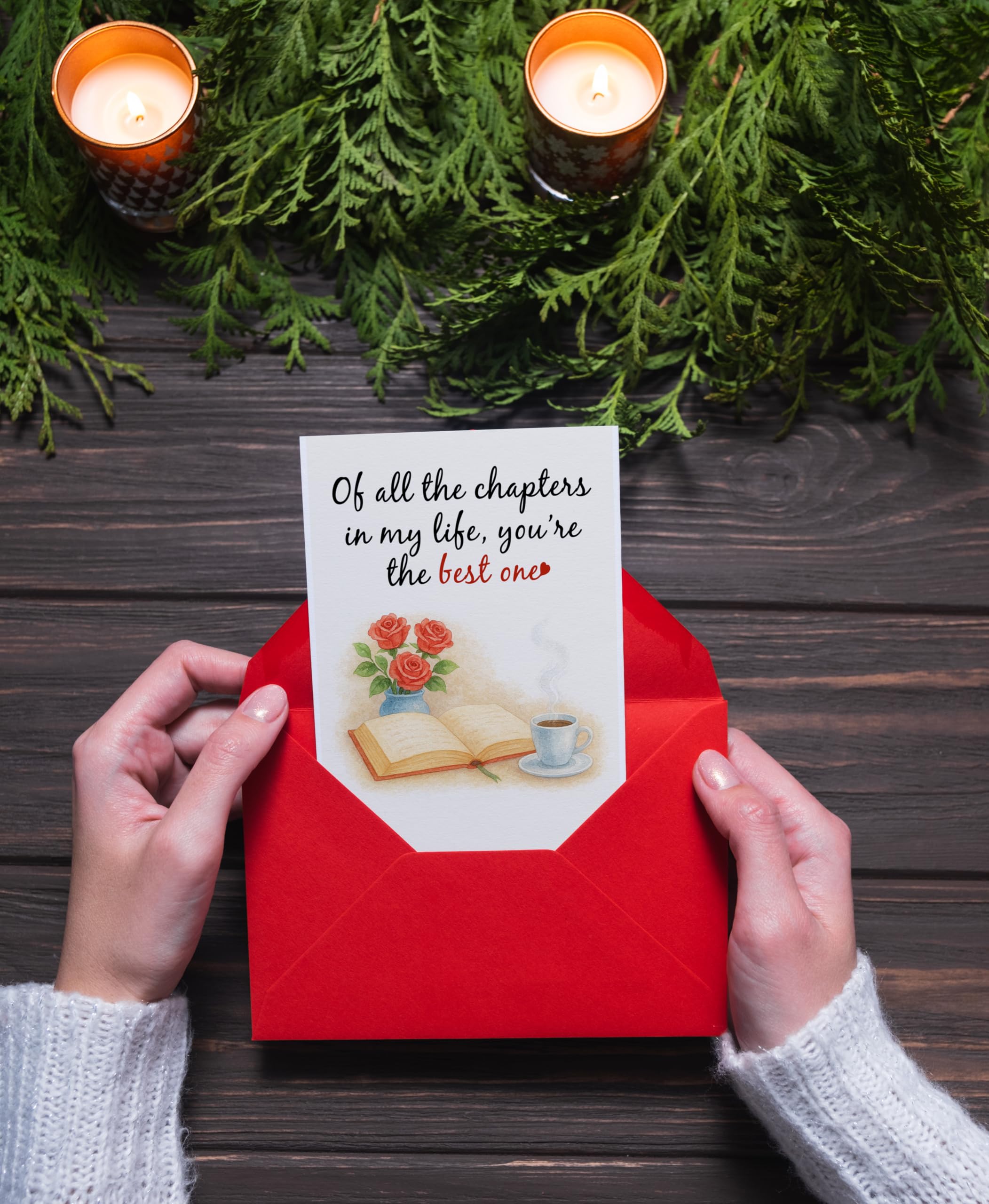 Anniversary Card – Romantic Greeting Card with Roses, Book & Coffee Design – 5x7 Inch Folded Card with Envelope & Sticker – Love Card for Husband, Wife, or Couple – Valentines Day or Wedding Anniversary