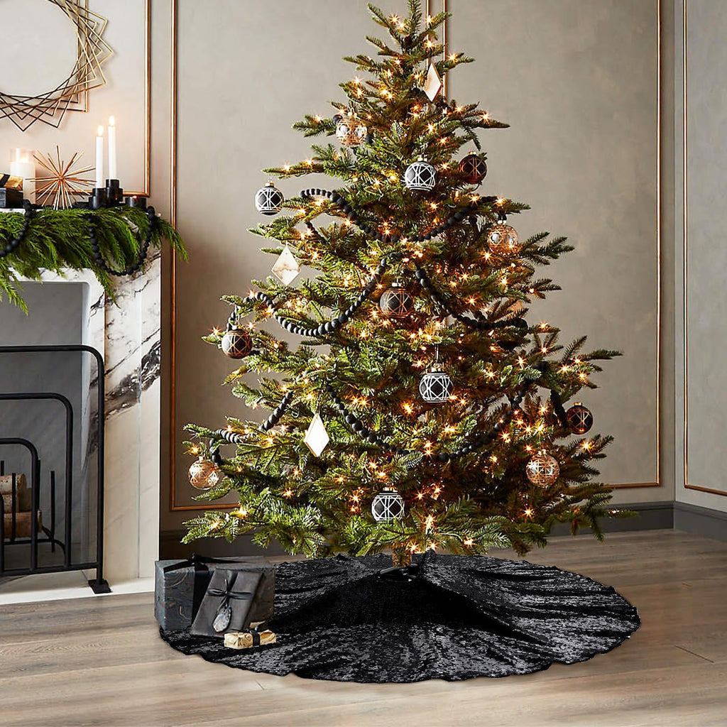 Poise3EHome Black Christmas Tree Skirt, 36 Inch Sparkle Sequin Mat for 6ft Tree Halloween Xmas Party Decor