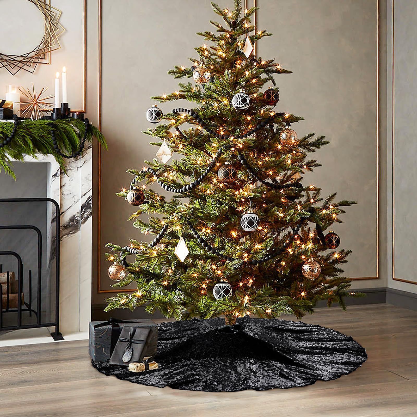 Poise3EHome Black Christmas Tree Skirt, 36 Inch Sparkle Sequin Mat for 6ft Tree Halloween Xmas Party Decor