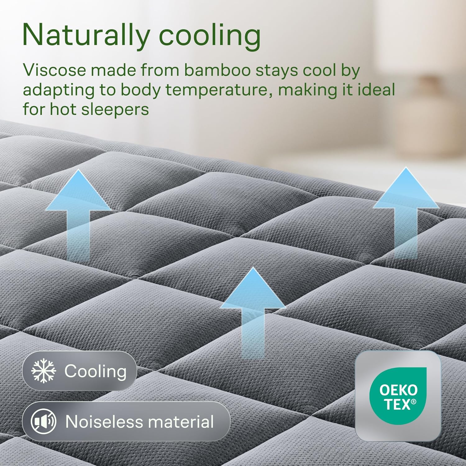 Skiennix Ultra Soft Queen Size Mattress Topper - Bamboo Viscose Pillow Top for Back Pain Relief - Naturally Cooling, Gray